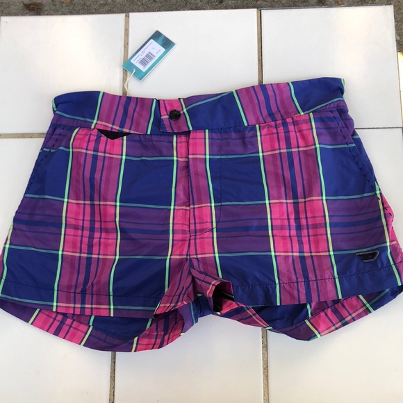 New Diesel Beachwear Size XL Swim Trunks Short Plaid Blue & Pink Removable Liner - Picture 1 of 13